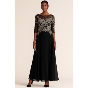 Betsy & Adam Size 14 Black Gold Floral-Embroidered Mesh 3/4-Sleeve Gown Dress